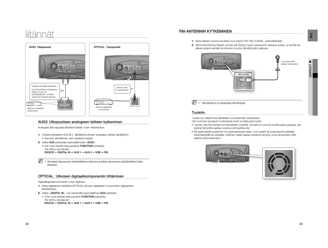 Samsung HT-A100T/XEE, HT-A100WT/XEE FM-ANTENNIN Kytkeminen, Tuuletin, AUX2 Ulkopuolisen analogisen laitteen kytkeminen 