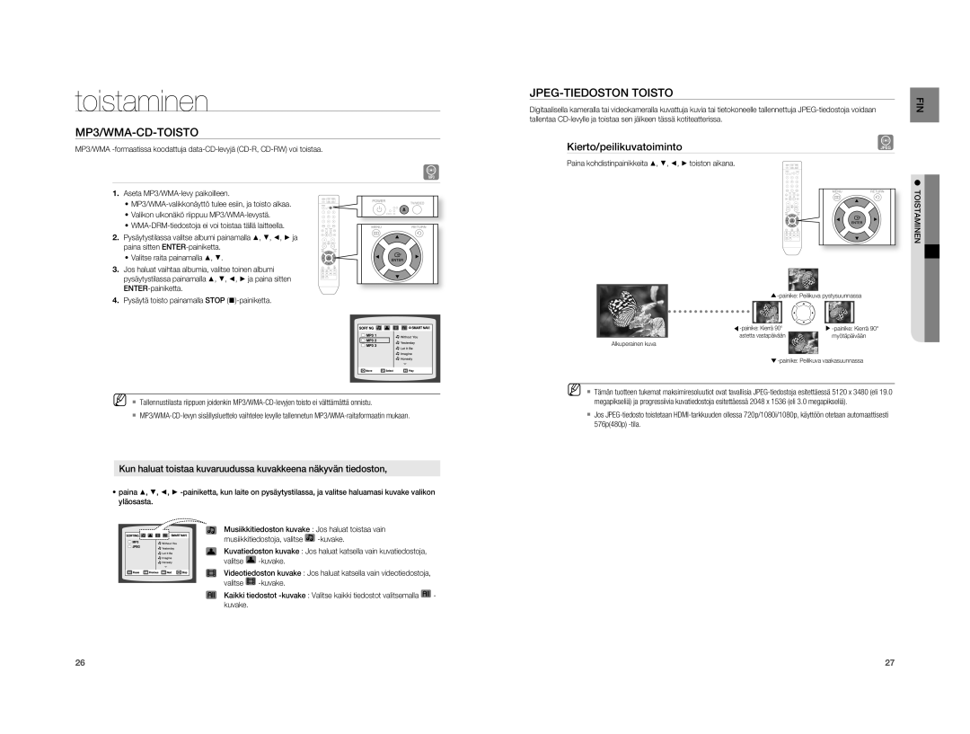 Samsung HT-A100T/XEE, HT-A100WT/XEE manual MP3/WMA-CD-TOISTO, JPEG-TIEDOSTON Toisto, Kierto/peilikuvatoiminto, Toistaminen 