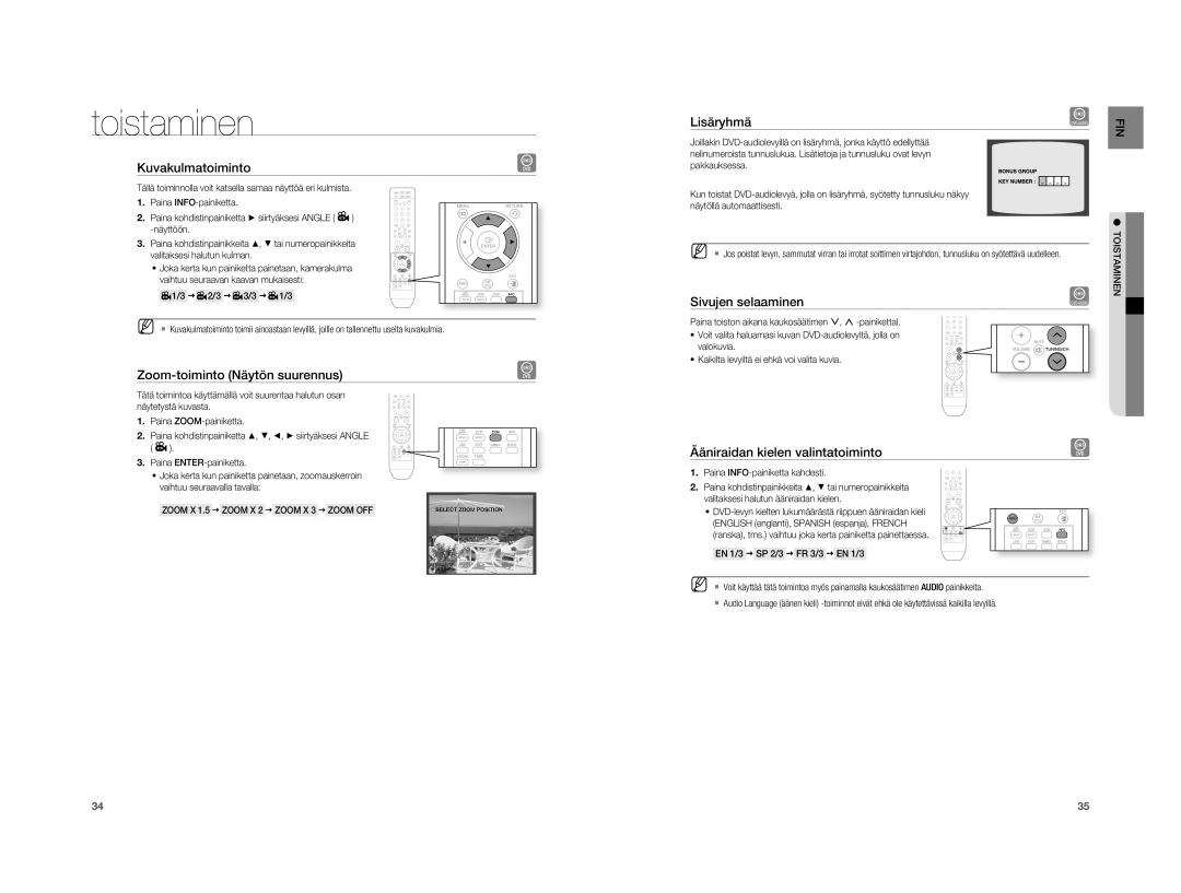 Samsung HT-A100T/XEE manual Kuvakulmatoiminto, Zoom-toiminto Näytön suurennus, Ääniraidan kielen valintatoiminto, Zoom X 