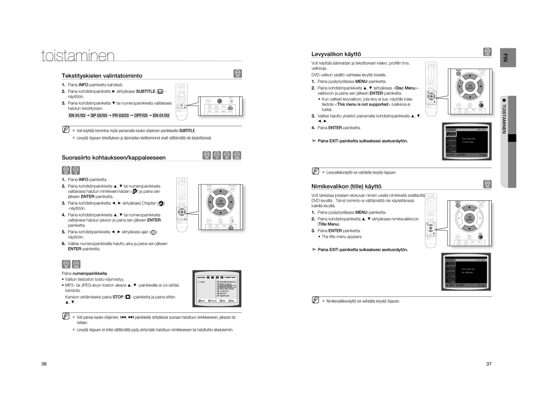 Samsung HT-A100WT/XEE manual Tekstityskielen valintatoiminto, Suorasiirto kohtaukseen/kappaleeseen, Levyvalikon käyttö 