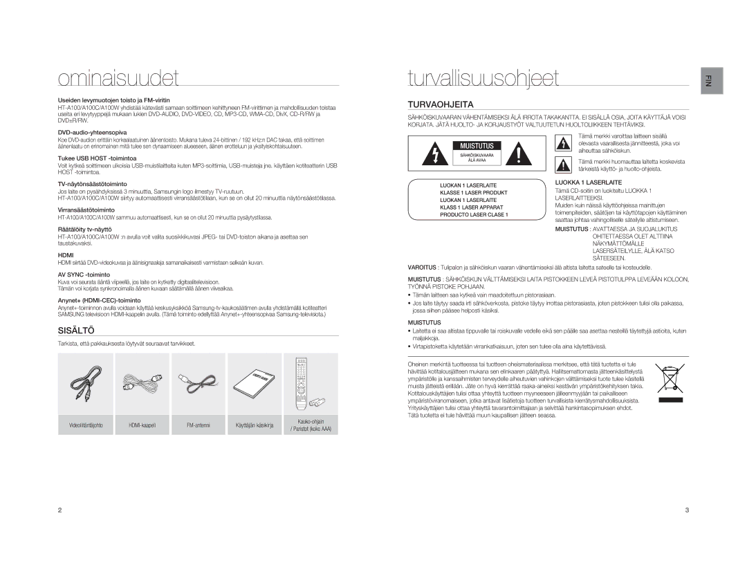 Samsung HT-A100T/XEE, HT-A100WT/XEE manual Ominaisuudet, Turvallisuusohjeet, Turvaohjeita, Sisältö 