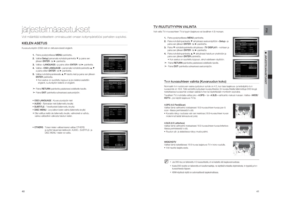 Samsung HT-A100WT/XEE Järjestelmäasetukset, TV-RUUTUTYYPIN Valinta, Kielen Asetus, Tvn kuvasuhteen valinta Kuvaruudun koko 