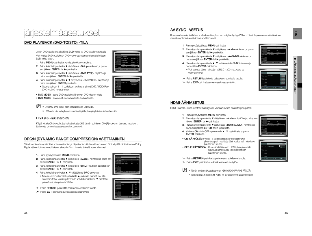 Samsung HT-A100WT/XEE, HT-A100T/XEE DVD Playback DVD-TOISTO -TILA AV Sync -ASETUS, Hdmi-Ääniasetus, DivX R -rekisteröinti 