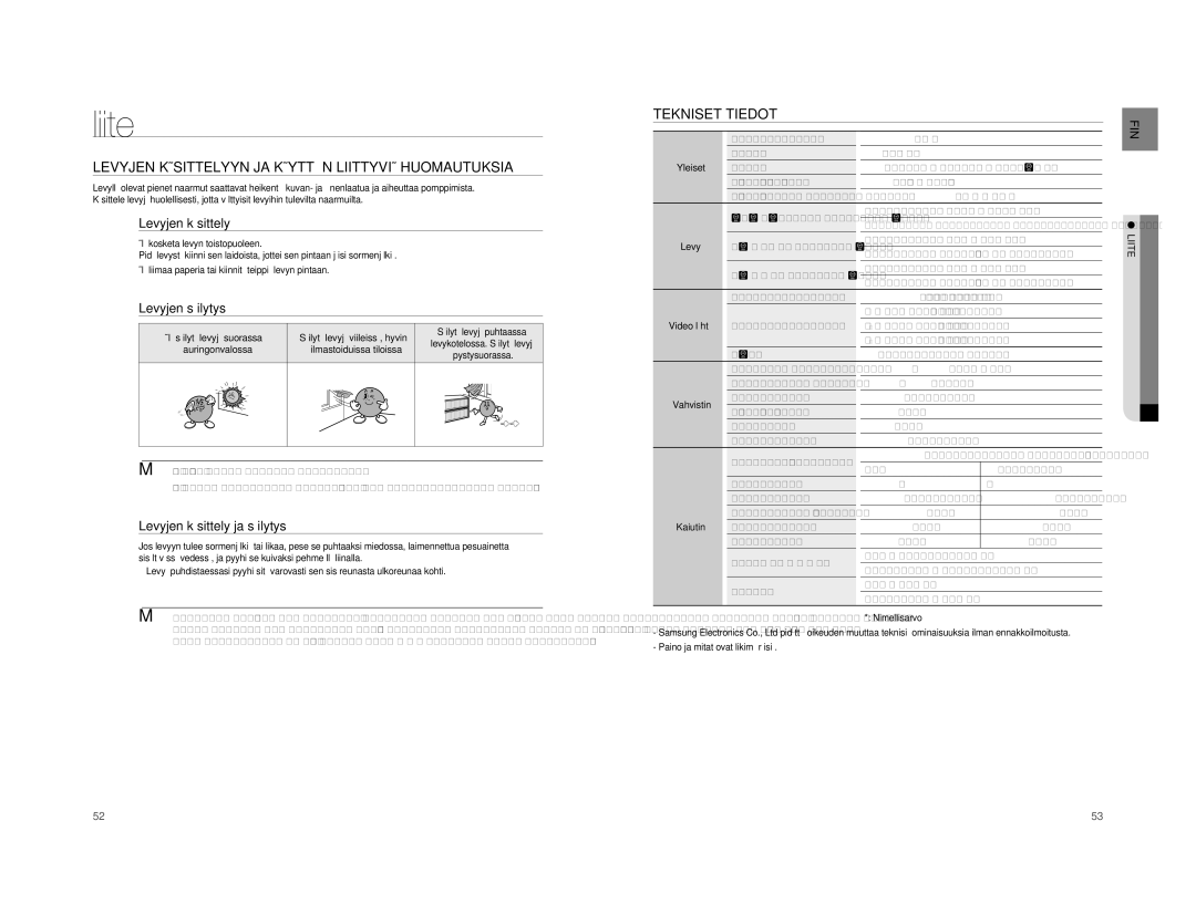 Samsung HT-A100WT/XEE, HT-A100T/XEE manual Liite, Levyjen Käsittelyyn JA Käyttöön Liittyviä Huomautuksia, Tekniset Tiedot 