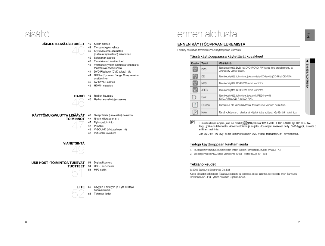 Samsung HT-A100T/XEE manual Ennen aloitusta, Ennen Käyttöoppaan Lukemista, Tässä käyttöoppaassa käytettävät kuvakkeet 