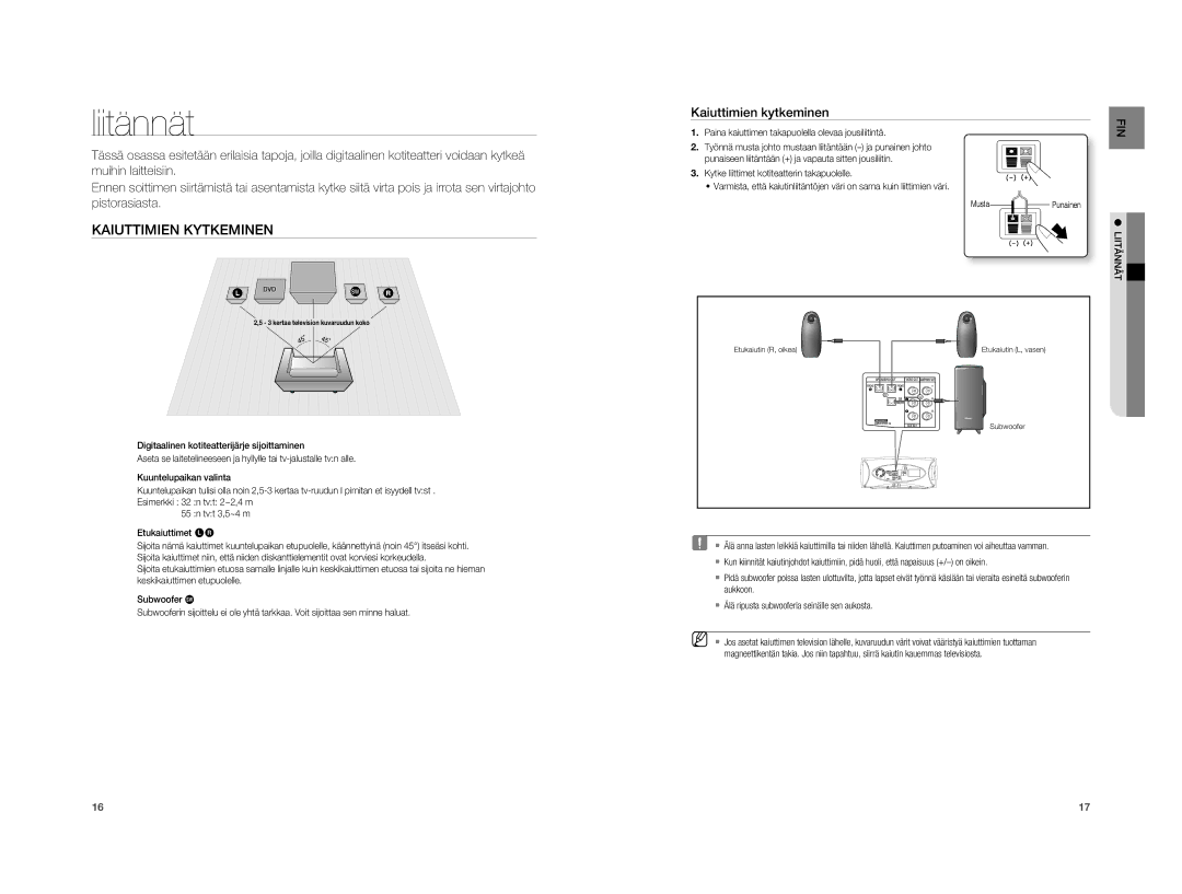 Samsung HT-A100WT/XEE, HT-A100T/XEE manual Liitännät, Kaiuttimien Kytkeminen, Kaiuttimien kytkeminen 