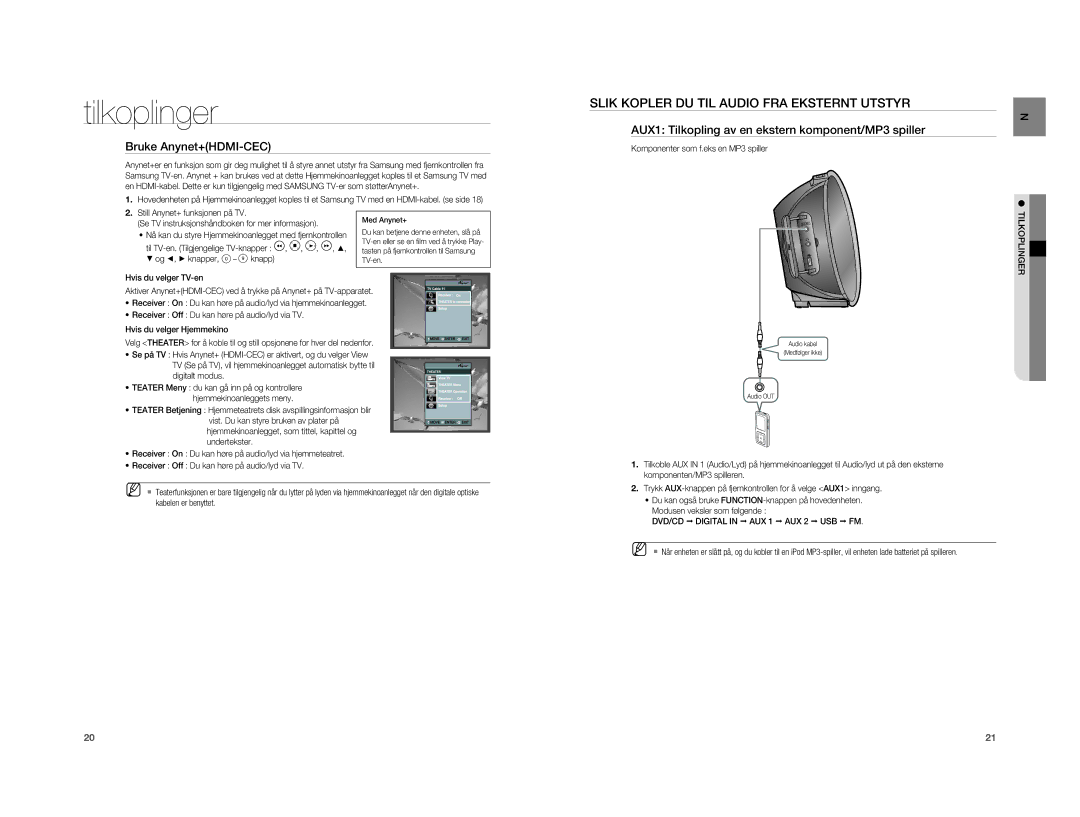 Samsung HT-A100WT/XEE, HT-A100T/XEE manual Slik Kopler DU TIL Audio FRA Eksternt Utstyr, Bruke Anynet+HDMI-CEC 