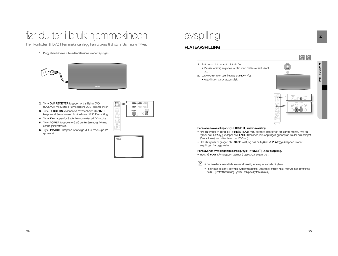 Samsung HT-A100WT/XEE, HT-A100T/XEE manual Før du tar i bruk hjemmekinoen, Avspilling, Plateavspilling 