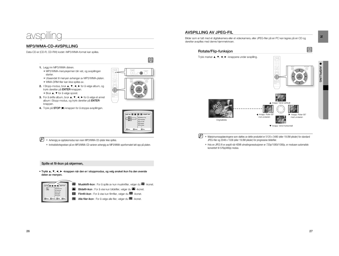 Samsung HT-A100T/XEE, HT-A100WT/XEE manual MP3/WMA-CD-AVSPILLING, Avspilling AV JPEG-FIL, Rotate/Flip-funksjon 