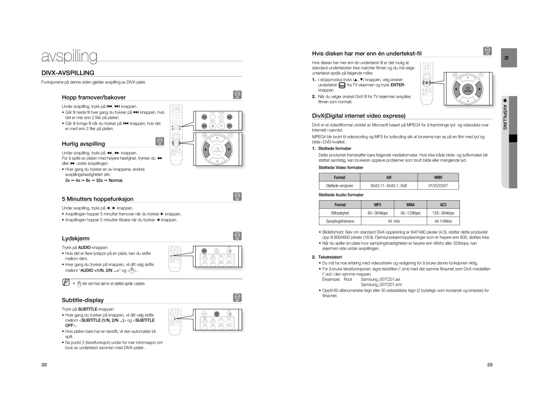 Samsung HT-A100WT/XEE, HT-A100T/XEE manual Divx-Avspilling 