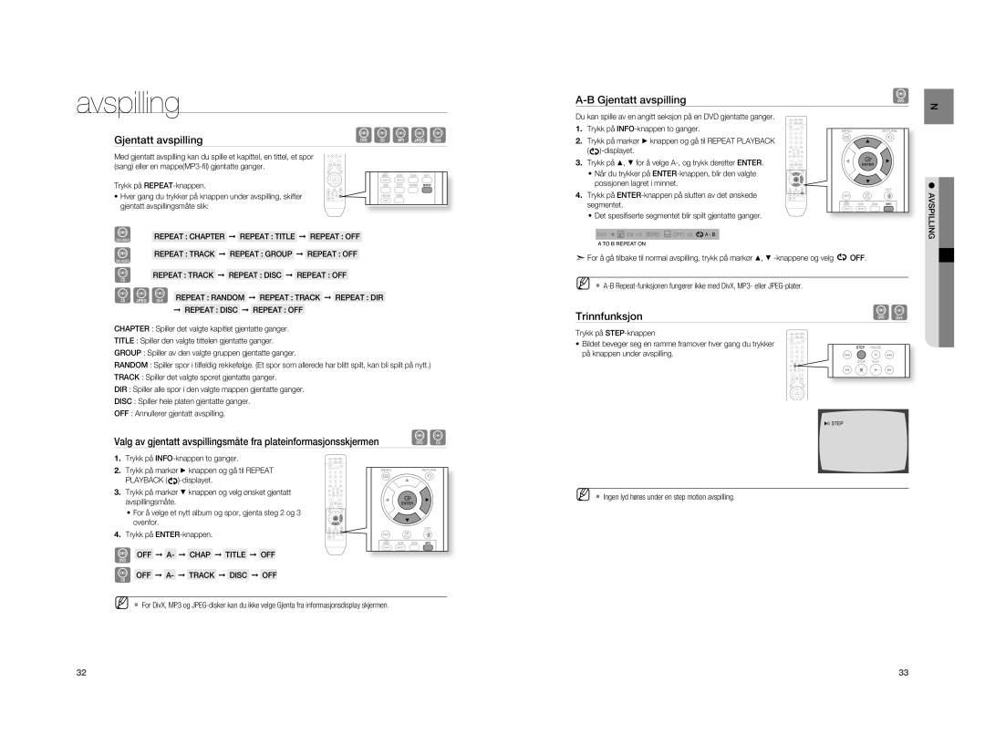 Samsung HT-A100WT/XEE, HT-A100T/XEE manual Gjentatt avspilling, Trinnfunksjon, Repeat Chapter Repeat Title Repeat OFF 