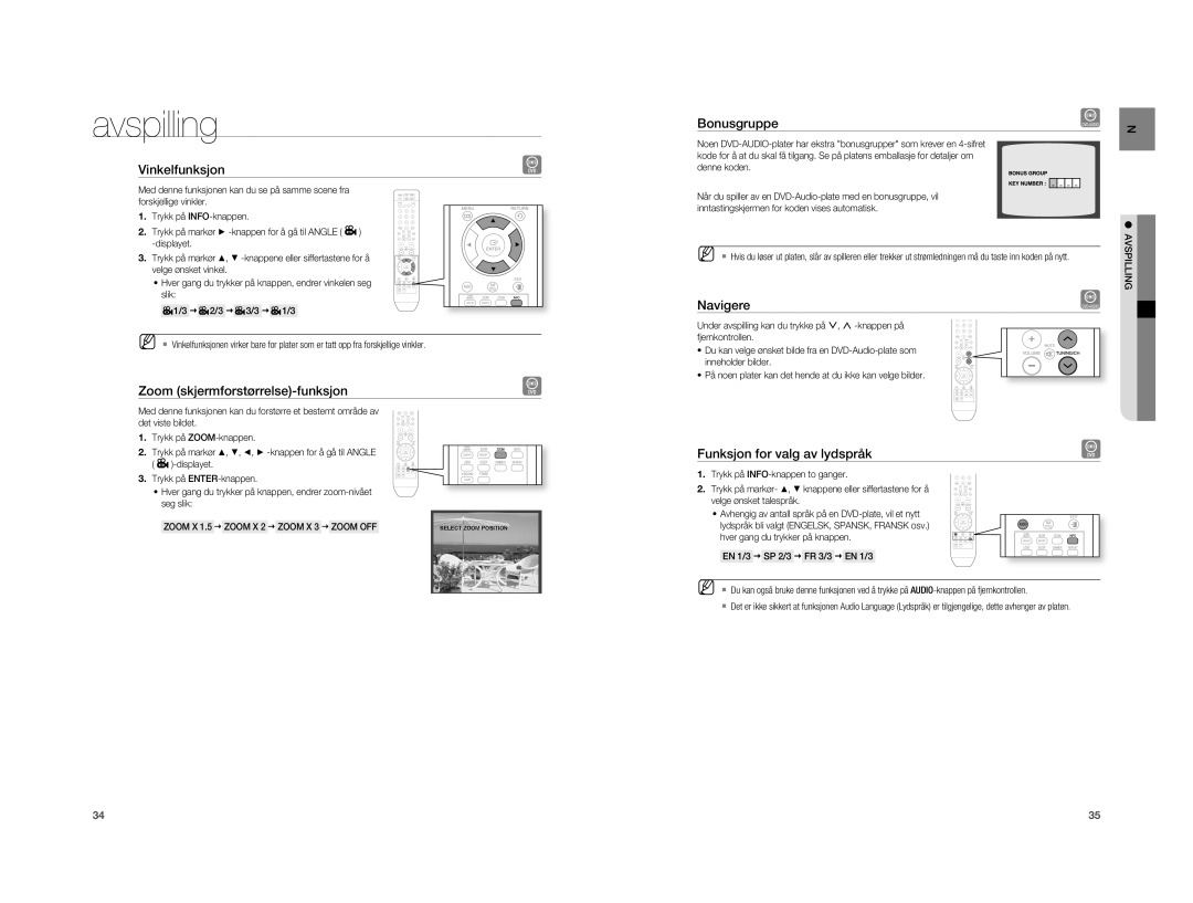 Samsung HT-A100T/XEE Vinkelfunksjon, Zoom skjermforstørrelse-funksjon, Funksjon for valg av lydspråk, Displayet, Zoom X 