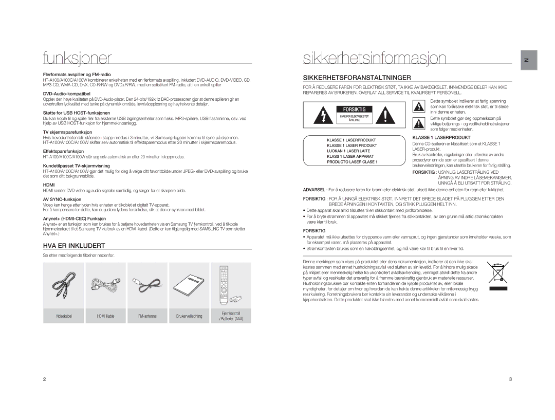 Samsung HT-A100T/XEE, HT-A100WT/XEE manual Funksjoner, Sikkerhetsinformasjon, Sikkerhetsforanstaltninger, HVA ER Inkludert 