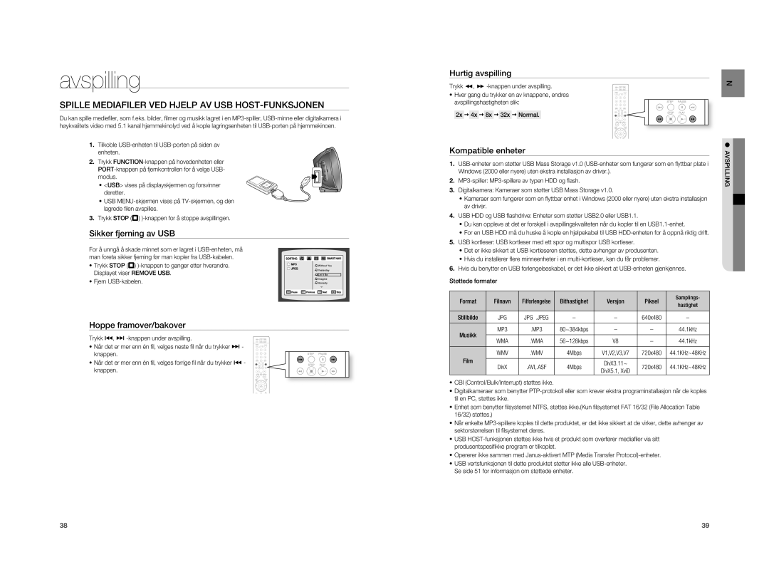 Samsung HT-A100T/XEE Spille Mediafiler VED Hjelp AV USB HOST-FUNKSJONEN, Sikker fjerning av USB, Hoppe framover/bakover 