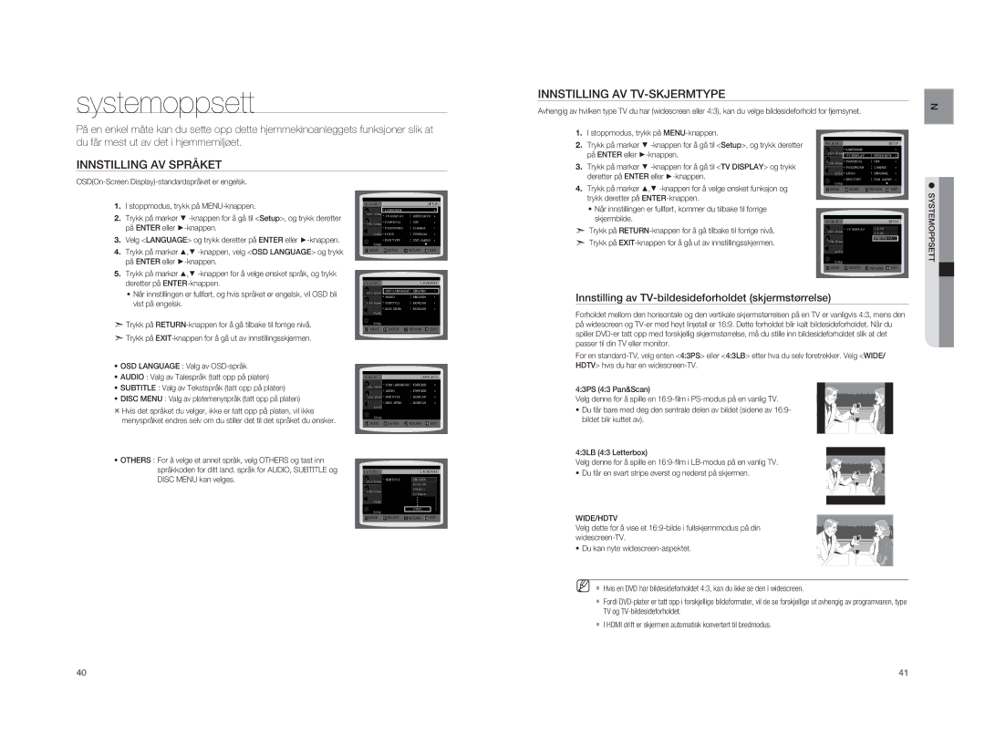 Samsung HT-A100WT/XEE, HT-A100T/XEE manual Systemoppsett, Innstilling AV Språket Innstilling AV TV-SKJERMTYPE, Wide/Hdtv 