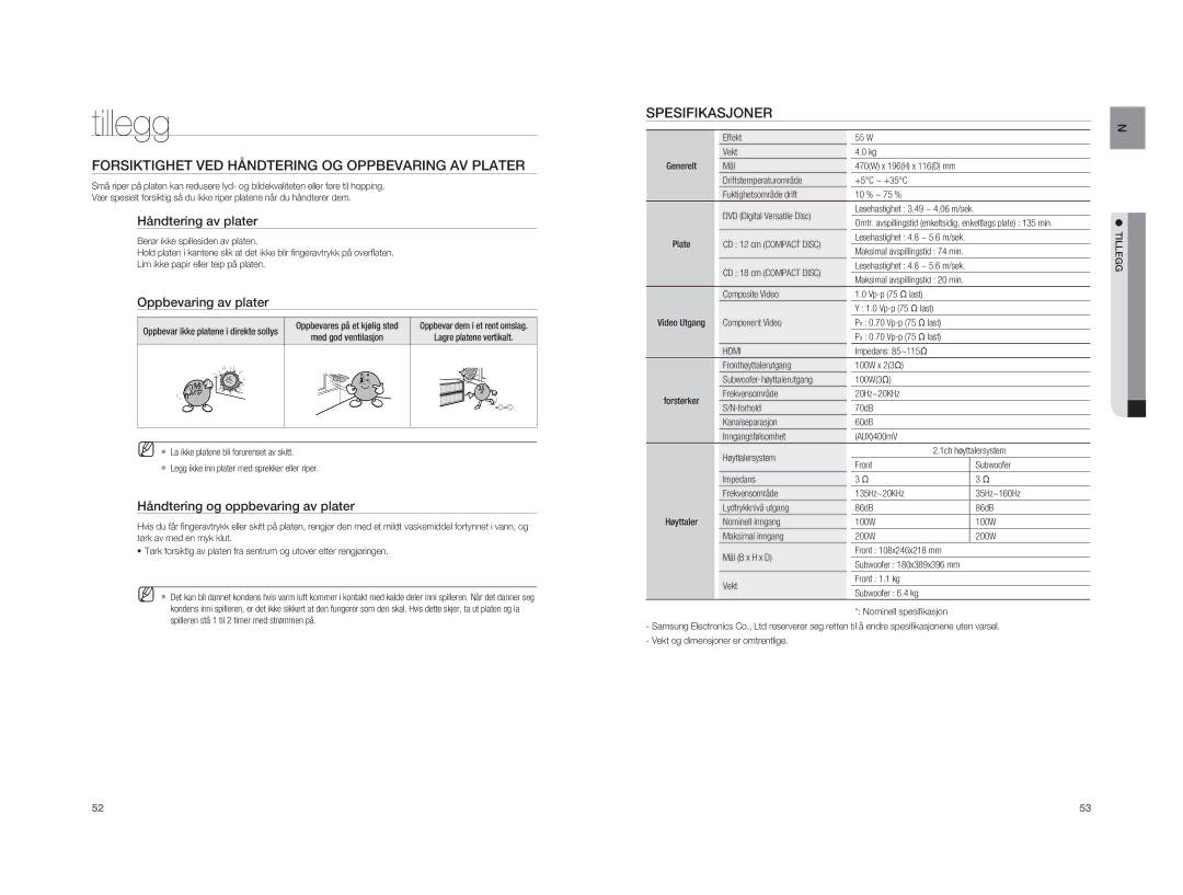 Samsung HT-A100WT/XEE, HT-A100T/XEE manual Tillegg, Forsiktighet VED Håndtering OG Oppbevaring AV Plater, Spesifikasjoner 