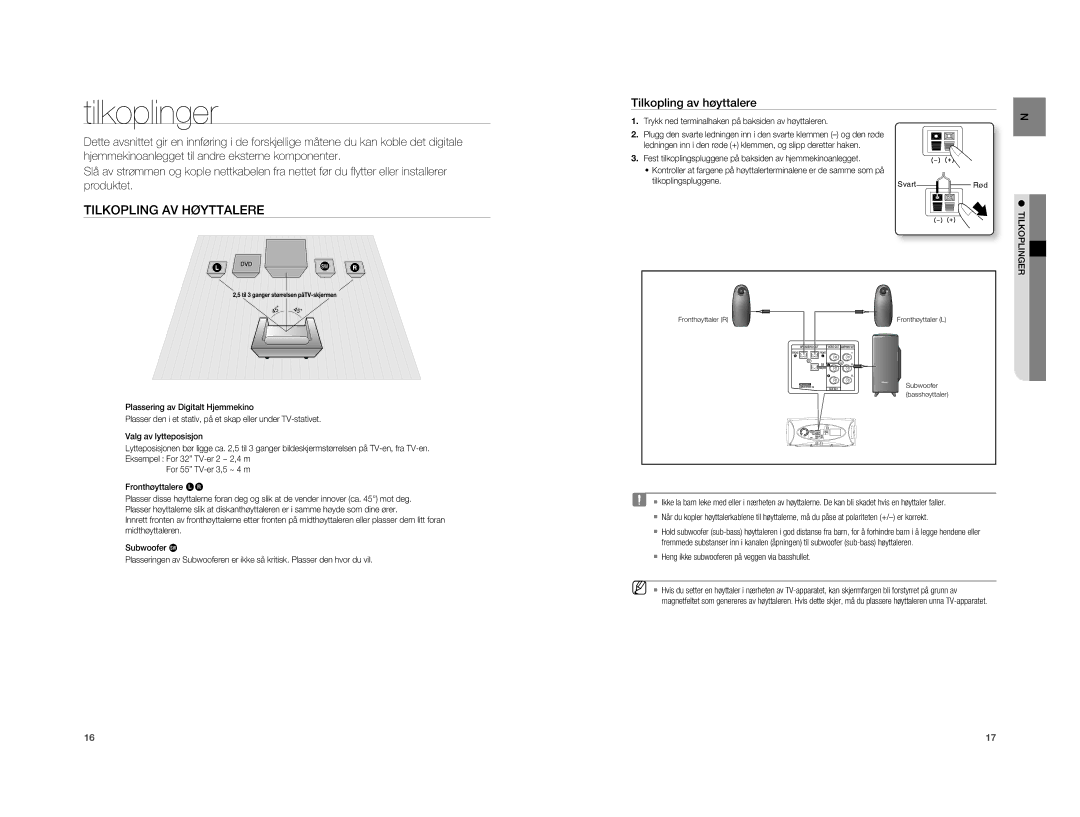 Samsung HT-A100WT/XEE, HT-A100T/XEE manual Tilkoplinger, Tilkopling AV Høyttalere, Tilkopling av høyttalere 