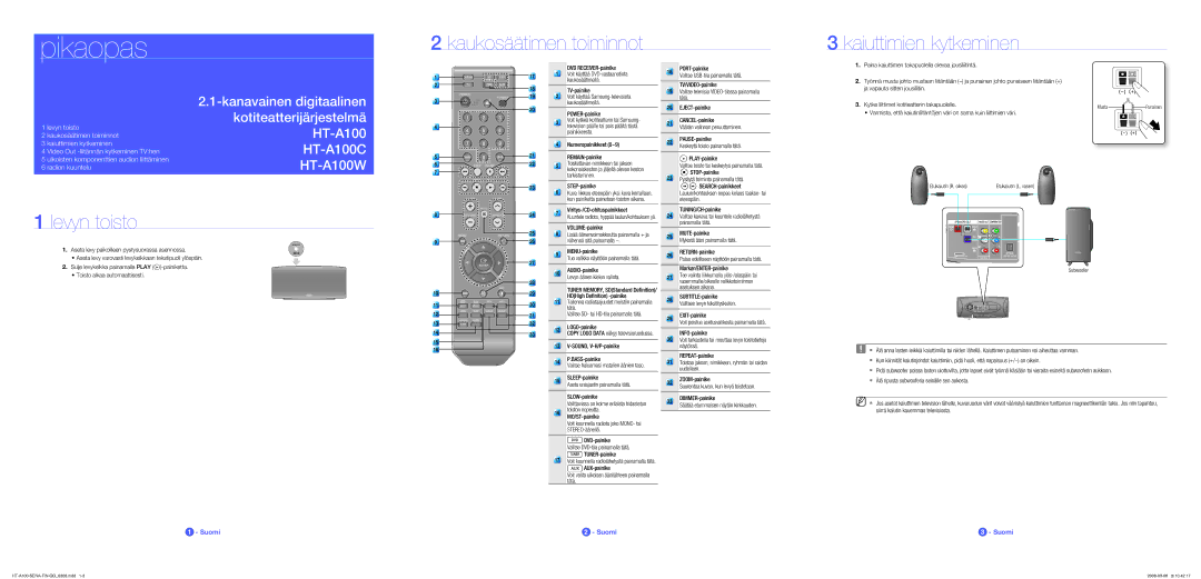 Samsung HT-A100WT/XEE, HT-A100T/XEE manual Kaukosäätimen toiminnot Kaiuttimien kytkeminen, Levyn toisto 