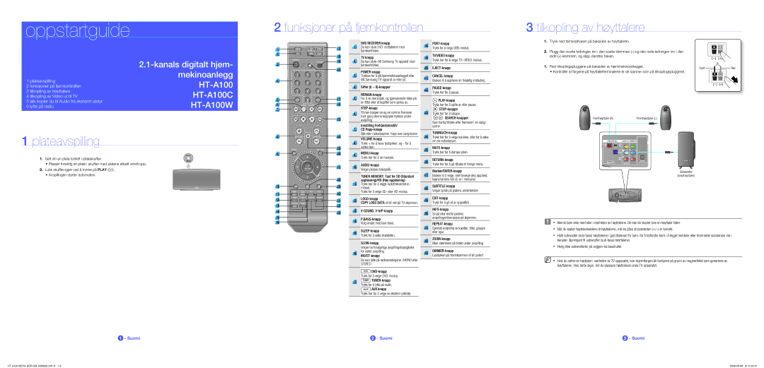 Samsung HT-A100WT/XEE, HT-A100T/XEE manual Funksjoner på fjernkontrollen Tilkopling av høyttalere, Plateavspilling 