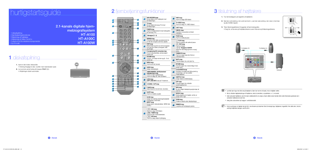 Samsung HT-A100WT/XEE, HT-A100T/XEE manual Fjernbetjeningsfunktioner Tilslutning af højttalere, Diskafspilning 