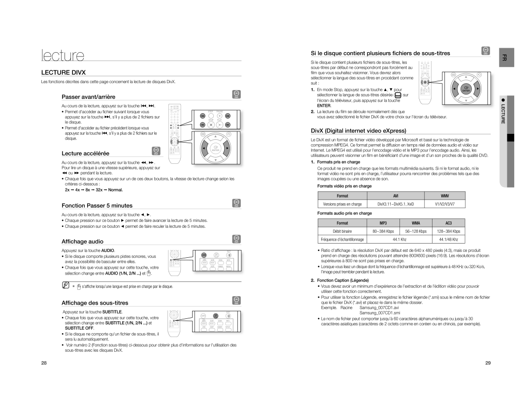 Samsung HT-A100T/XEF, HT-A100WT/XEF, HT-A100CT/XEF manual Lecture Divx 