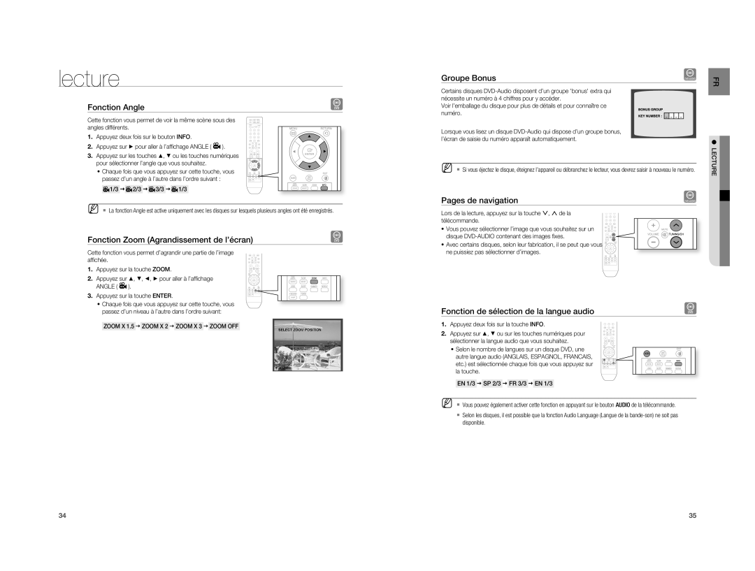 Samsung HT-A100T/XEF, HT-A100WT/XEF manual Fonction Angle, Fonction Zoom Agrandissement de l’écran, Pages de navigation 