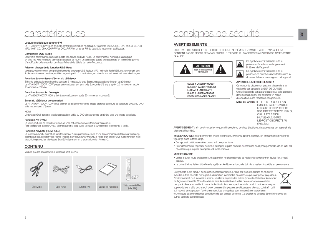 Samsung HT-A100CT/XEF, HT-A100T/XEF, HT-A100WT/XEF manual Caractéristiques, Consignes de sécurité, Avertissements, Contenu 