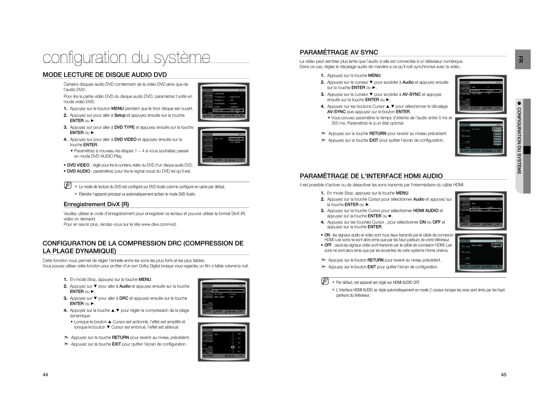 Samsung HT-A100CT/XEF manual Mode Lecture DE Disque Audio DVD Paramétrage AV Sync, Paramétrage DE Linterface Hdmi Audio 