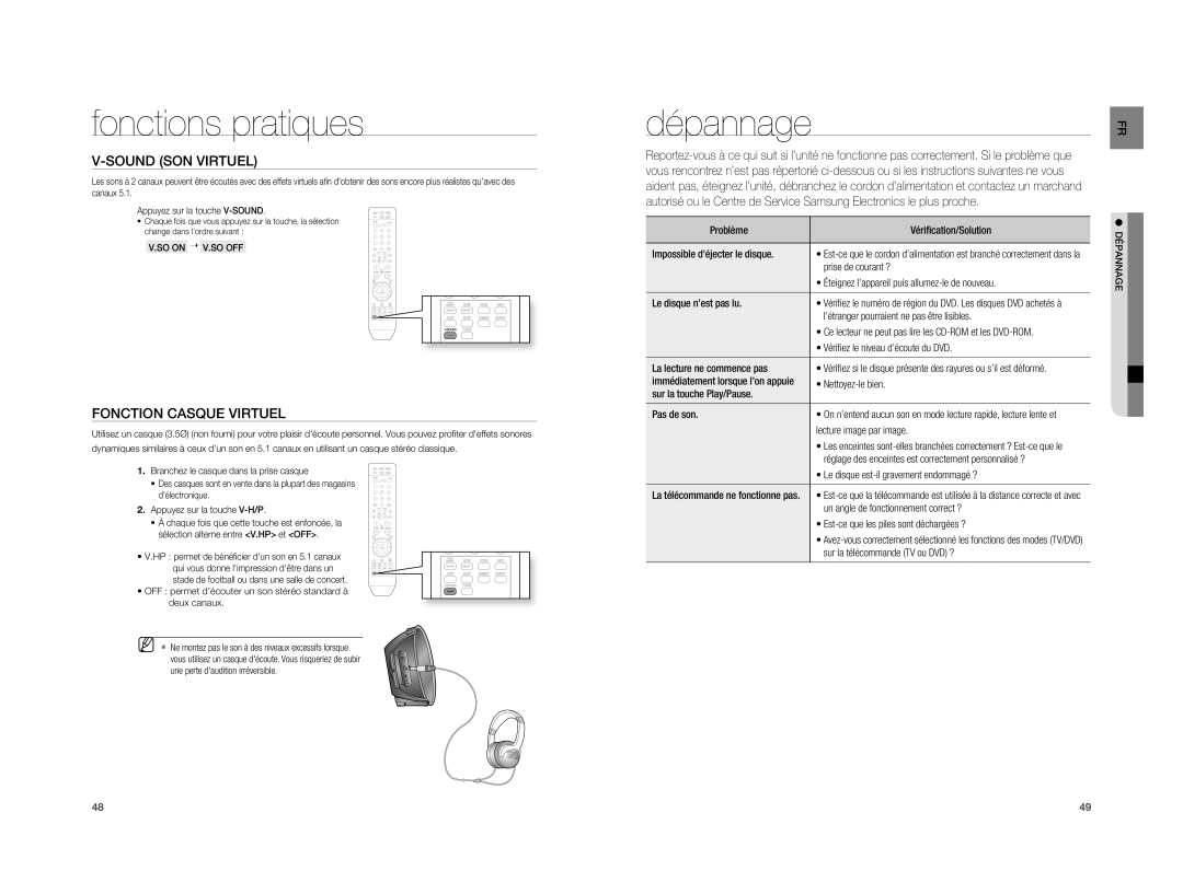 Samsung HT-A100WT/XEF, HT-A100T/XEF, HT-A100CT/XEF Dépannage, Sound SON Virtuel, Fonction Casque Virtuel, SO on ¬ V.SO OFF 