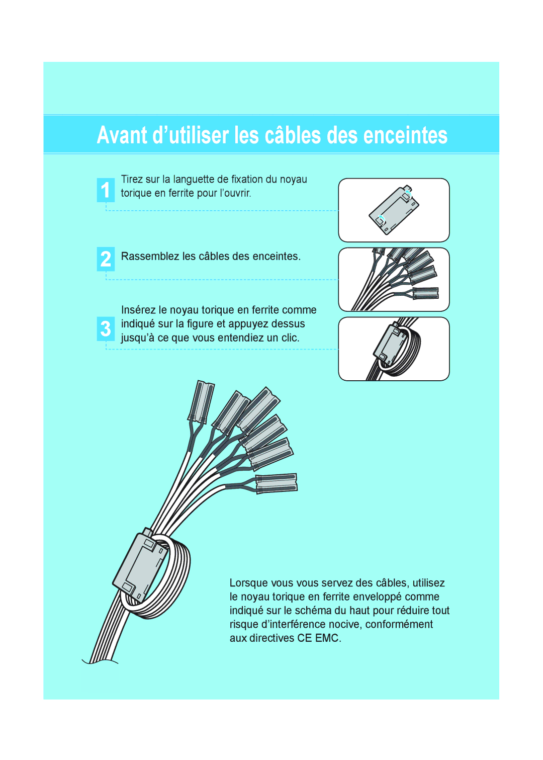 Samsung HT-A100CT/XEF, HT-A100T/XEF, HT-A100WT/XEF manual Avant d’utiliser les câbles des enceintes 