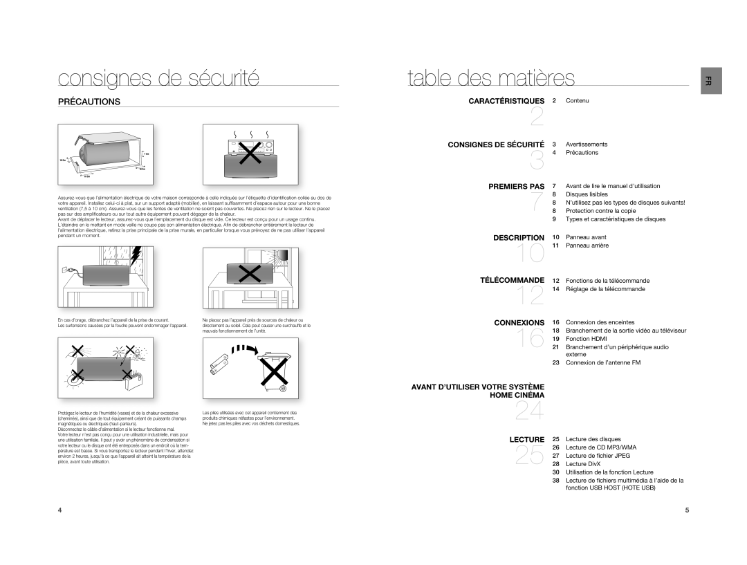 Samsung HT-A100T/XEF, HT-A100WT/XEF, HT-A100CT/XEF manual Table des matières, Précautions 