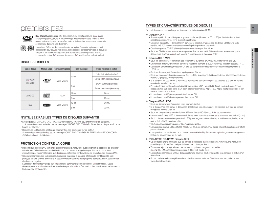 Samsung HT-A100CT/XEF manual Disques Lisibles, ’UTILISEZ PAS LES Types DE Disques Suivants, Protection Contre LA Copie 