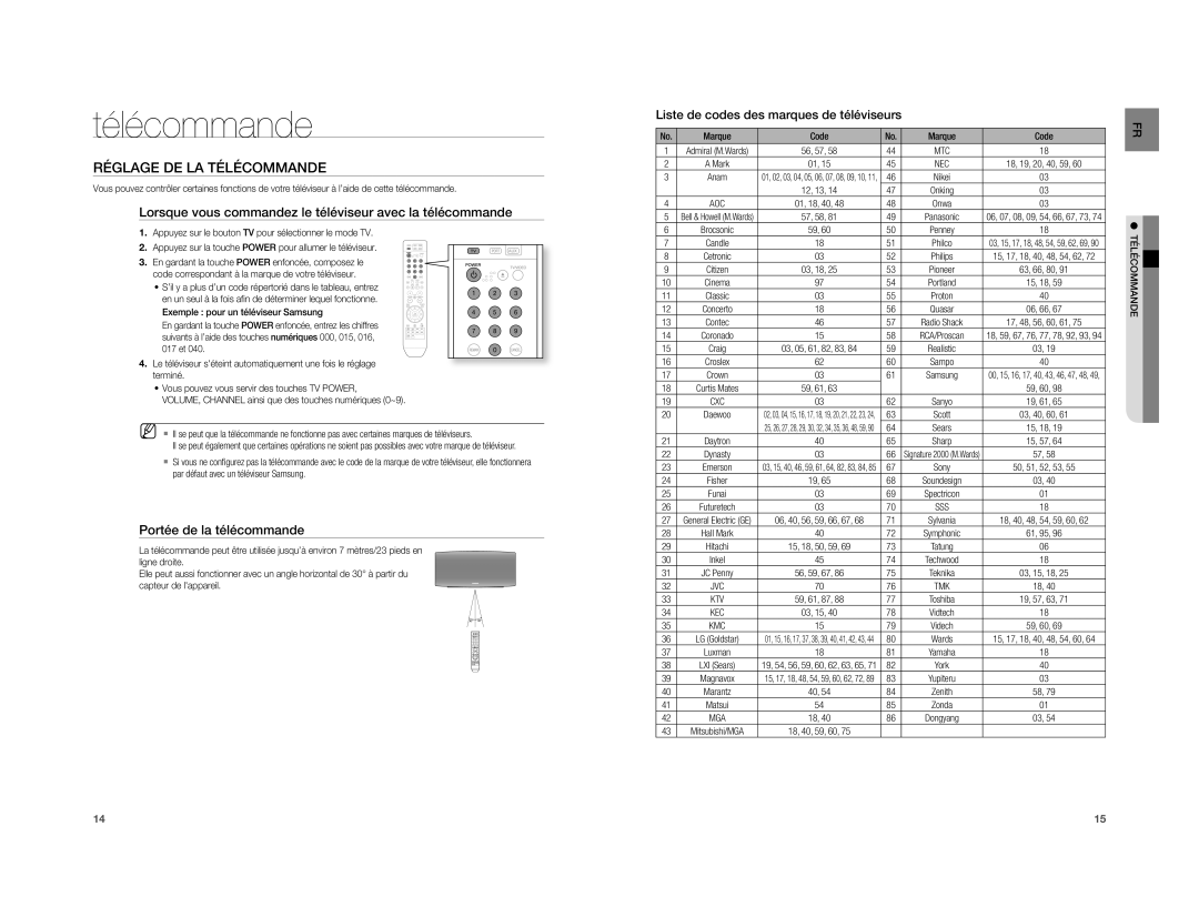 Samsung HT-A100CT/XEF Réglage DE LA Télécommande, Lorsque vous commandez le téléviseur avec la télécommande, Marque Code 