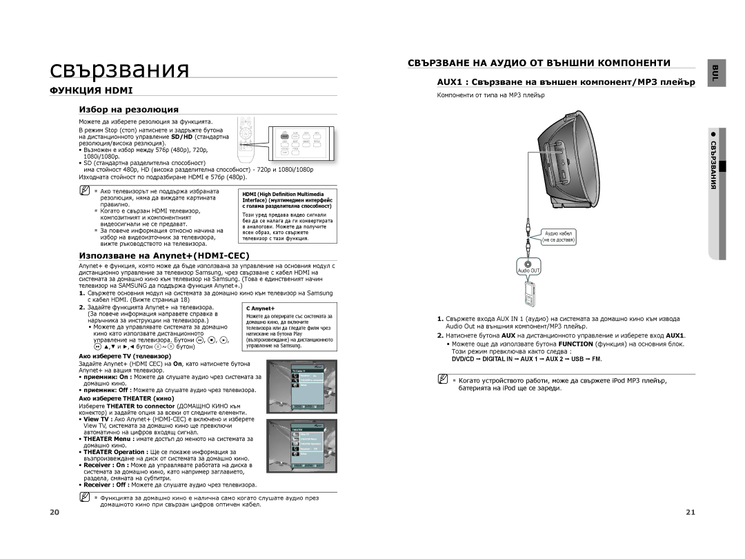 Samsung HT-A100CT/EDC, HT-A100WT/EDC manual Функция Hdmi, Свързване НА Аудио ОТ Външни Компоненти, Избор на резолюция 