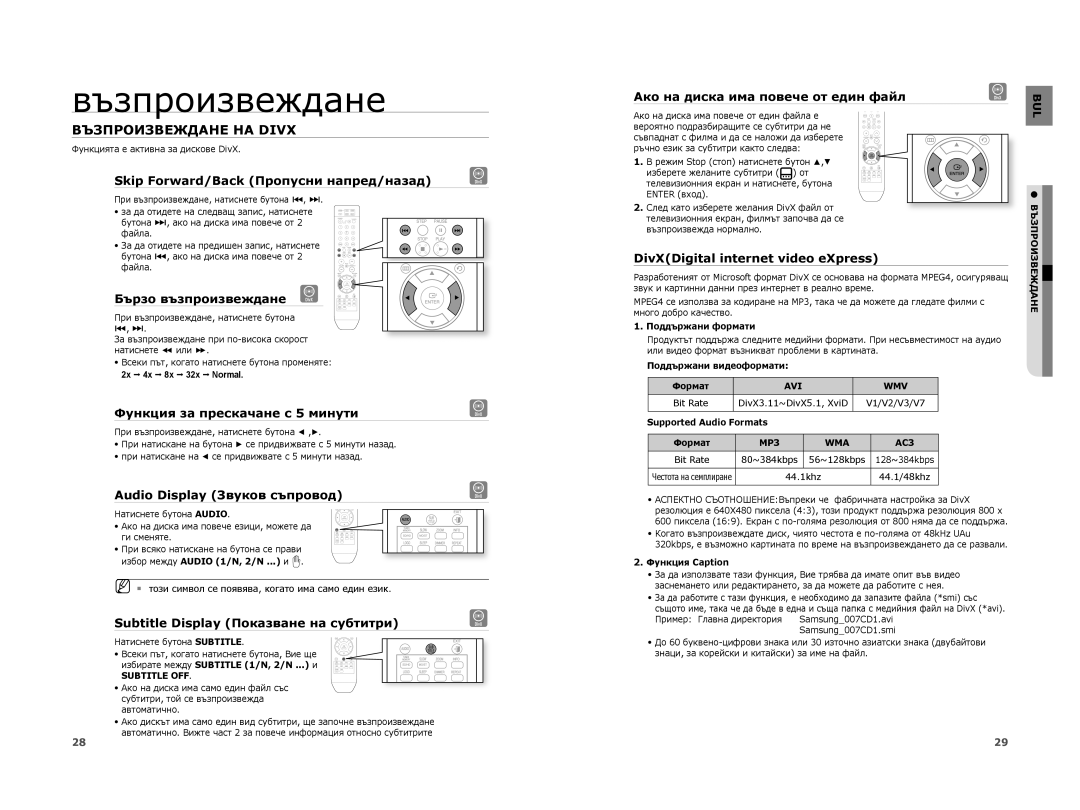 Samsung HT-A100WT/EDC, HT-A100T/EDC, HT-A100CT/EDC manual Възпроизвеждане НА Divx 