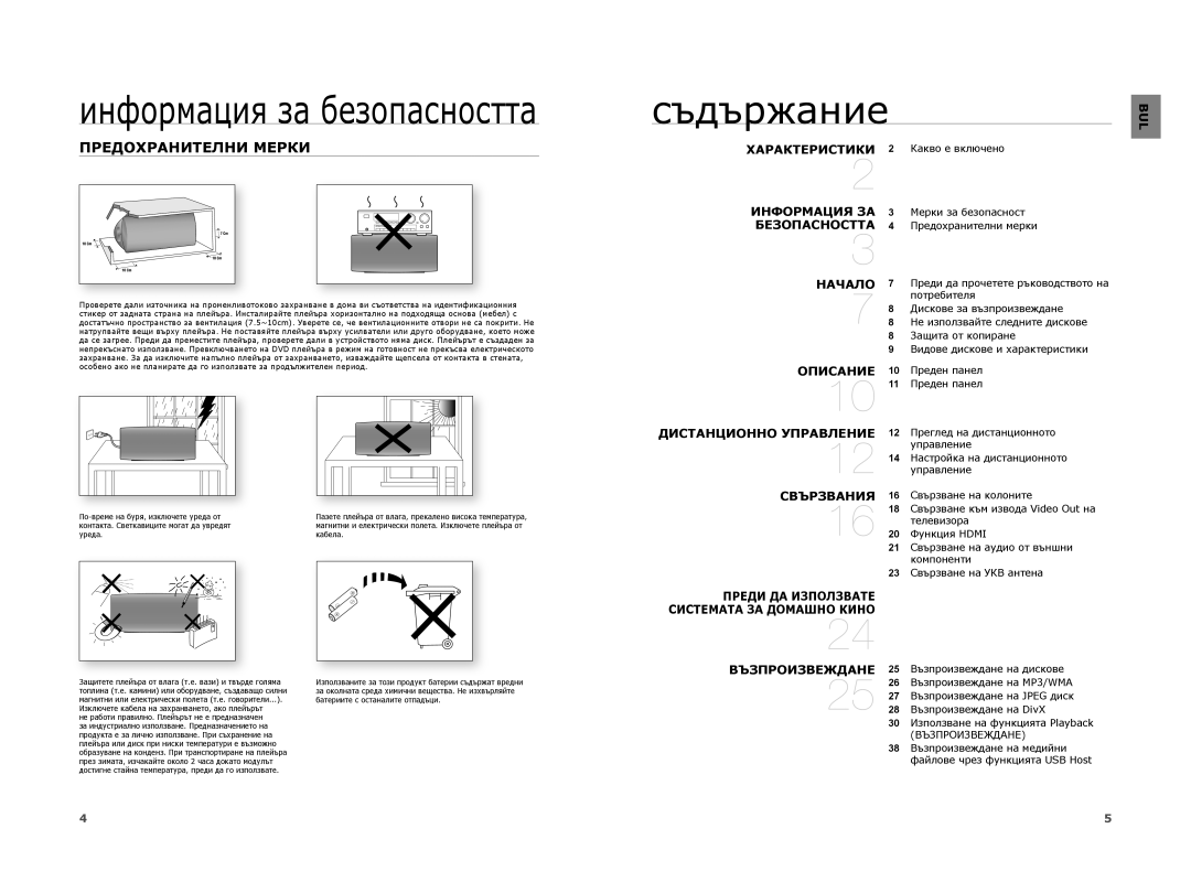 Samsung HT-A100WT/EDC, HT-A100T/EDC, HT-A100CT/EDC manual Cъдържание, Предохранителни Мерки 