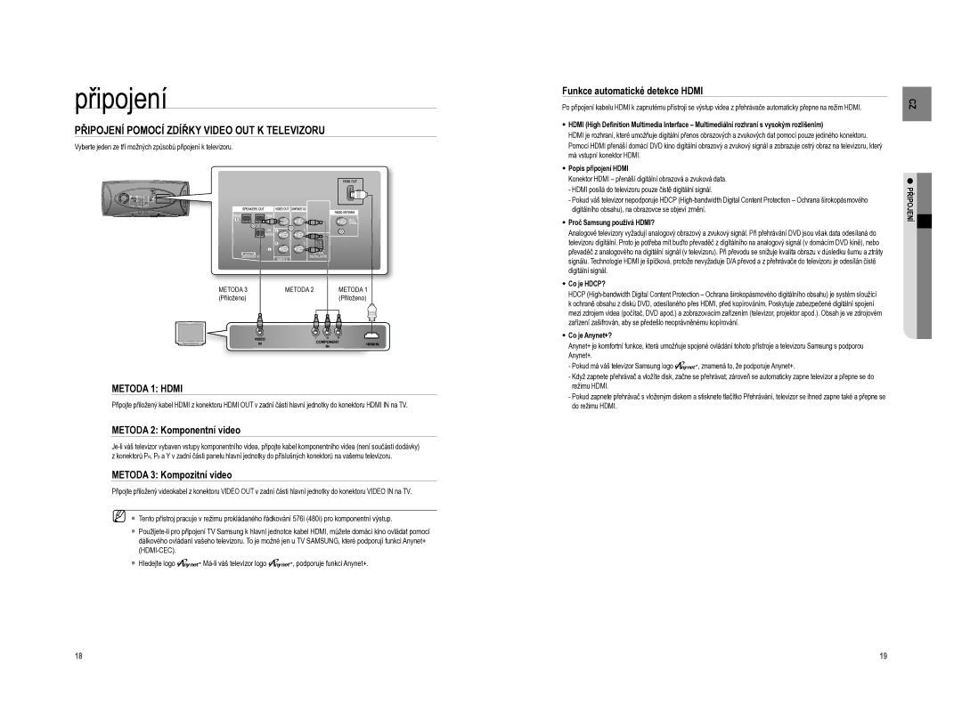 Samsung HT-A100WT/EDC, HT-A100T/EDC manual Připojení Pomocí Zdířky Video OUT K Televizoru, Metoda 2 Komponentní video 