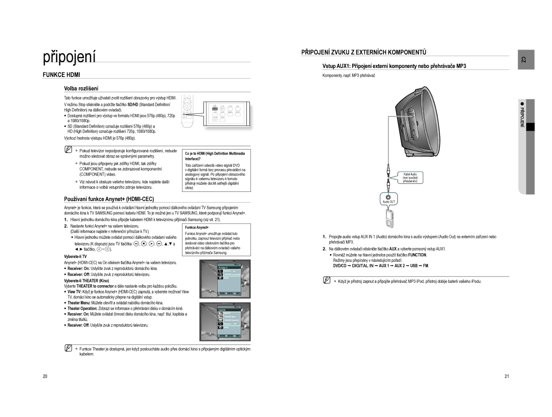 Samsung HT-A100T/EDC, HT-A100WT/EDC manual Funkce Hdmi, Připojení Zvuku Z Externích Komponentů, Volba rozlišení 