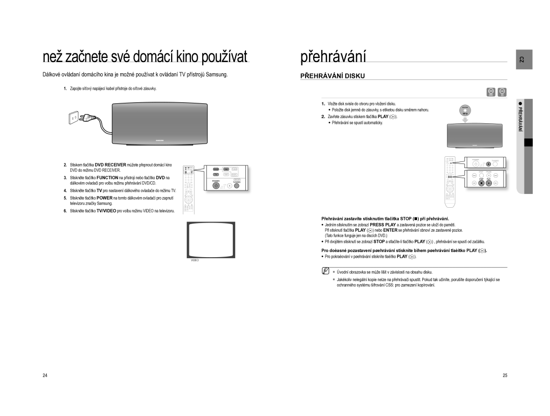 Samsung HT-A100T/EDC, HT-A100WT/EDC manual Než začnete své domácí kino používat, Přehrávání Disku 