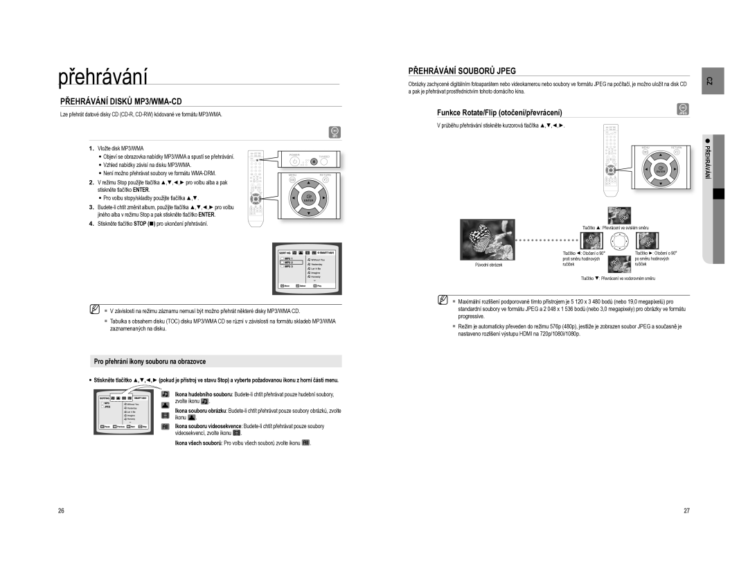 Samsung HT-A100WT/EDC manual Přehrávání Disků MP3/WMA-CD, Přehrávání Souborů Jpeg, Funkce Rotate/Flip otočení/převrácení 