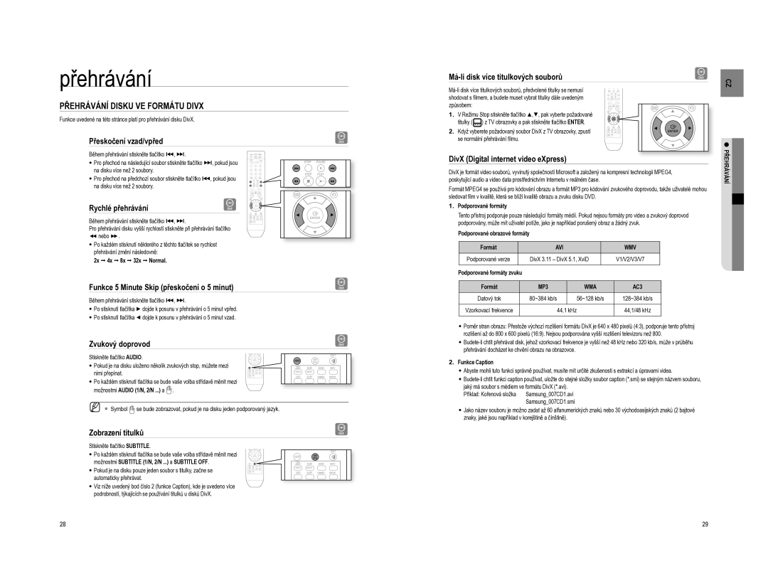 Samsung HT-A100T/EDC, HT-A100WT/EDC manual Přehrávání Disku VE Formátu Divx 