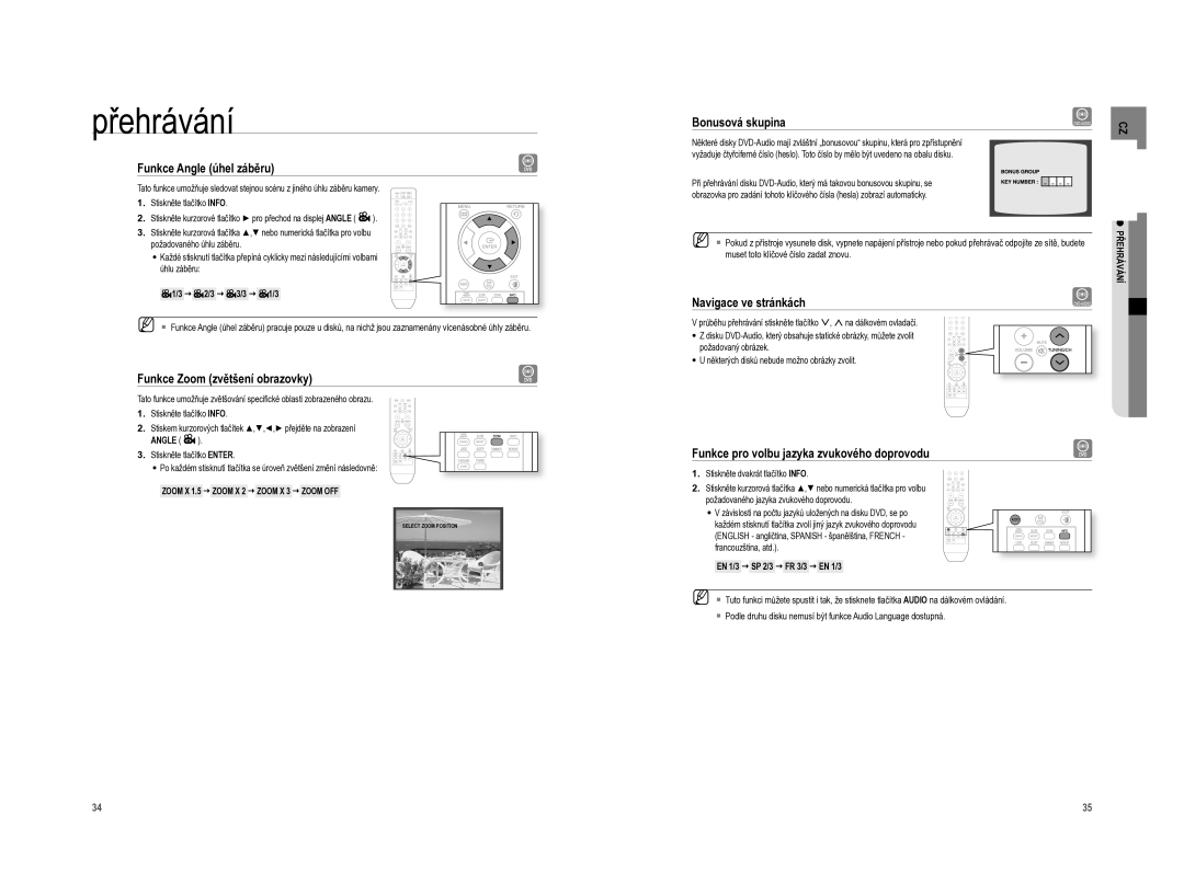 Samsung HT-A100WT/EDC, HT-A100T/EDC manual Funkce Angle úhel záběru, Funkce Zoom zvětšení obrazovky, € 2/3 € 3/3 € 1/3 