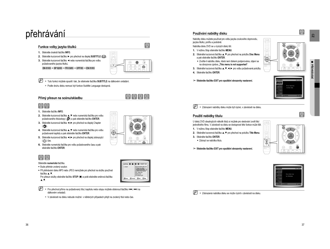 Samsung HT-A100T/EDC, HT-A100WT/EDC Funkce volby jazyka titulků, Přímý přesun na scénu/skladbu, Používání nabídky disku 