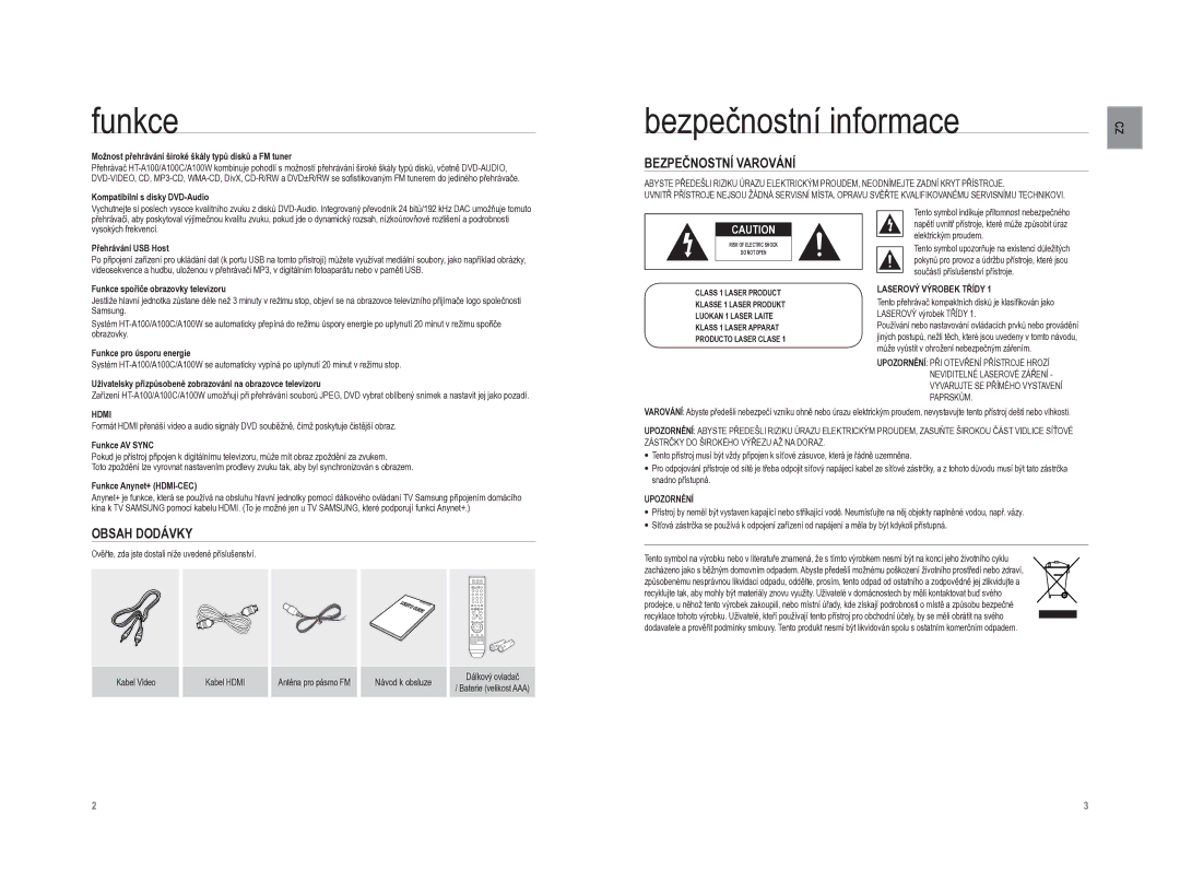 Samsung HT-A100WT/EDC, HT-A100T/EDC manual Funkce, Bezpečnostní informace, Bezpečnostní Varování, Obsah Dodávky 