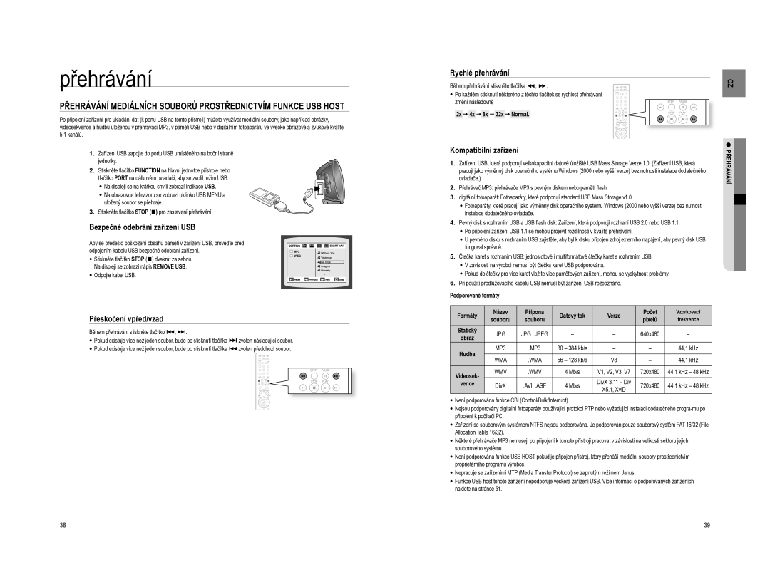 Samsung HT-A100WT/EDC, HT-A100T/EDC manual Bezpečné odebrání zařízení USB, Přeskočení vpřed/vzad, Kompatibilní zařízení 