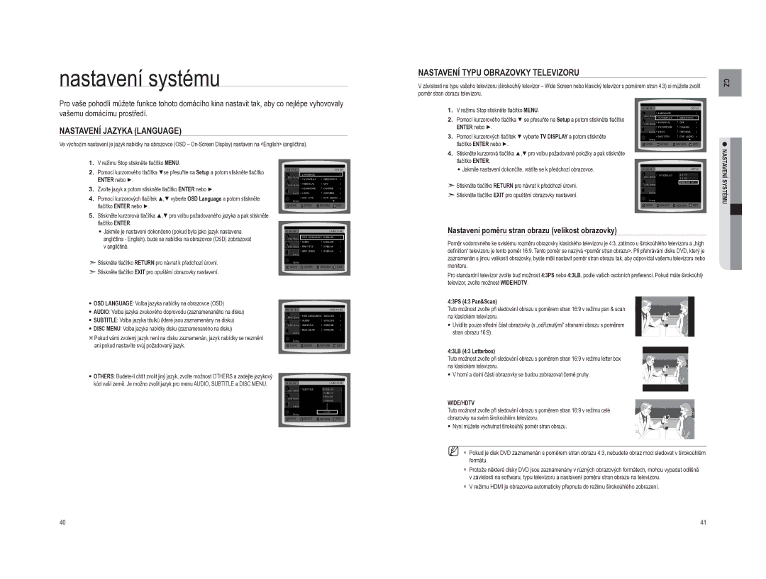 Samsung HT-A100T/EDC, HT-A100WT/EDC manual Nastavení systému, Nastavení Jazyka Language, Nastavení Typu Obrazovky Televizoru 