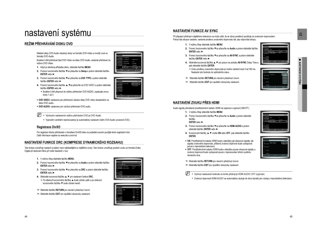 Samsung HT-A100T/EDC manual Režim Přehrávání Disku DVD Nastavení Funkce AV Sync, Nastavení Zvuku Přes Hdmi, Registrace DivX 