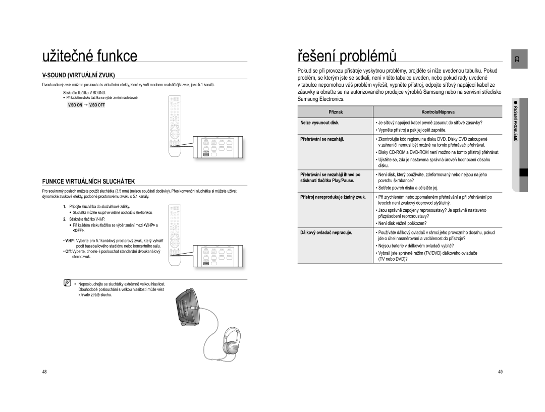 Samsung HT-A100T/EDC, HT-A100WT/EDC Řešení problémů, Sound Virtuální Zvuk, Funkce Virtuálních Sluchátek, SO on ¬ V.SO OFF 