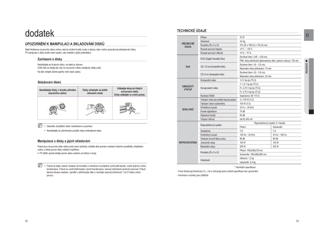 Samsung HT-A100T/EDC, HT-A100WT/EDC manual Dodatek, Upozornění K Manipulaci a Skladování Disků, Technické Údaje 