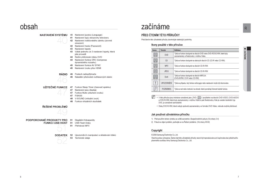 Samsung HT-A100WT/EDC, HT-A100T/EDC manual Začínáme, Před Čtením Této Příručky, Ikony použité v této příručce, Copyright 